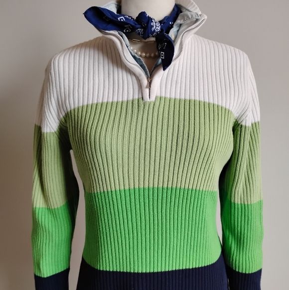 Liz Claiborne Sweaters - Liz Claiborne Cotton 1/4 Zip Sweater Navy Blue Green Stripe Coastal Size Pet XL